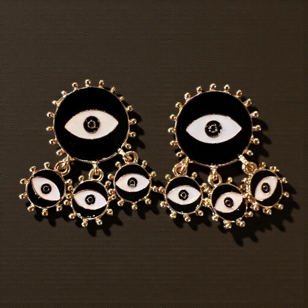 Chic Black and Gold Toned Evil Eye Dangling Earrings